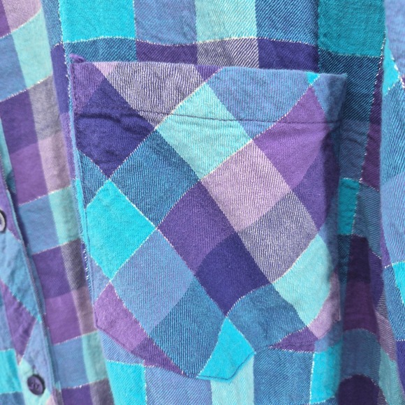 Catherines 3X 26/28 Blue Purple Plaid Flannel Shirt Metallic Thread Cozy Comfy - Picture 7 of 13